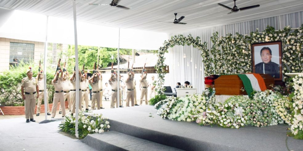 In honour of late Toshi Wungtung, Nagaland Police according guard of honour with gun salute during the state funeral held on July 3. (DIPR Photo)